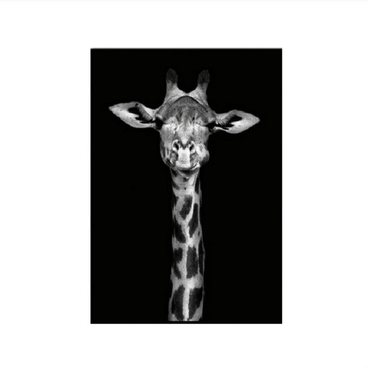 Frameless black-and-white giraffe portrait painting with long neck and raised arms