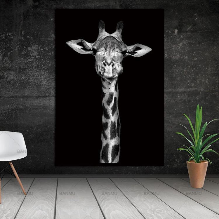 Frameless black-and-white giraffe portrait painting with detailed face and neck stripes