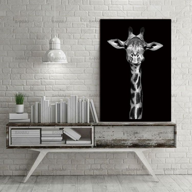 Frameless black-and-white giraffe portrait painting with close-up muzzle and tall neck