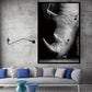 Frameless black-and-white rhinoceros portrait painting with visible horn and face