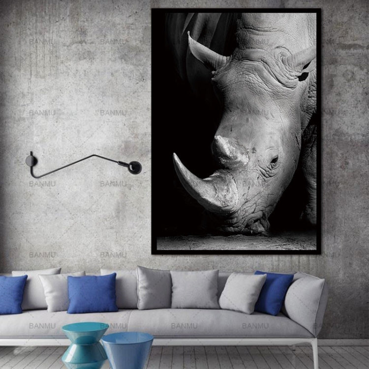 Frameless black-and-white rhinoceros portrait painting with visible horn and face