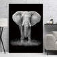 Frameless black-and-white elephant portrait painting with wide ears and front tusk view