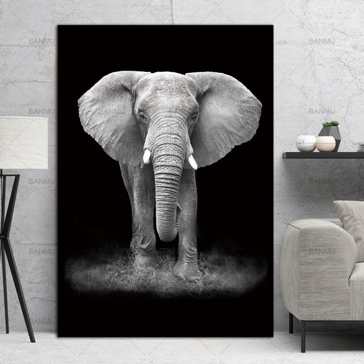 Frameless black-and-white elephant portrait painting with wide ears and front tusk view