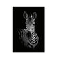 Frameless black-and-white zebra portrait painting with ears up and stripe pattern