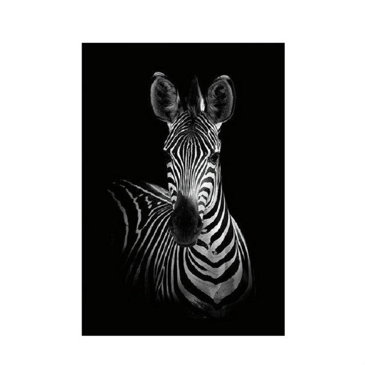 Frameless black-and-white zebra portrait painting with ears up and stripe pattern