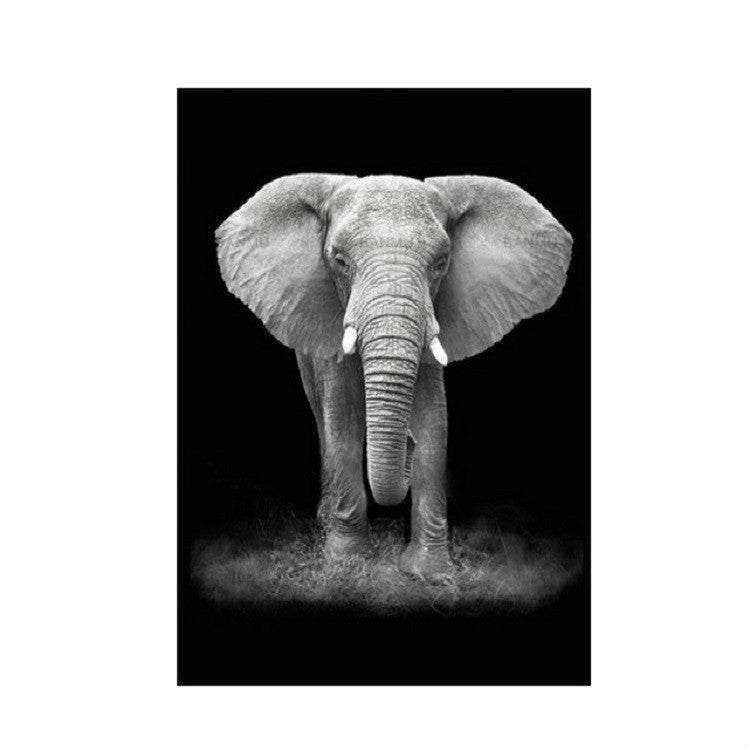 Frameless black-and-white elephant portrait painting with front view and raised trunk