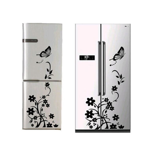 Black floral refrigerator sticker with a bird, butterfly, vines, and blossoms on two doors.