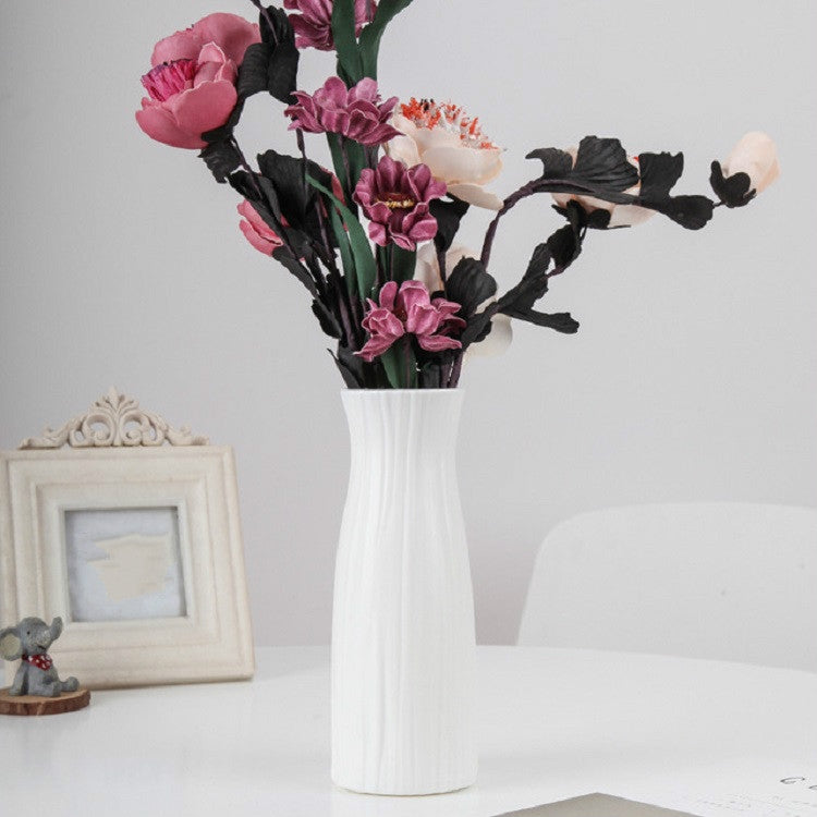Front view milk white ribbed plastic vase, tall desktop flower holder, 7.8x20.5cm