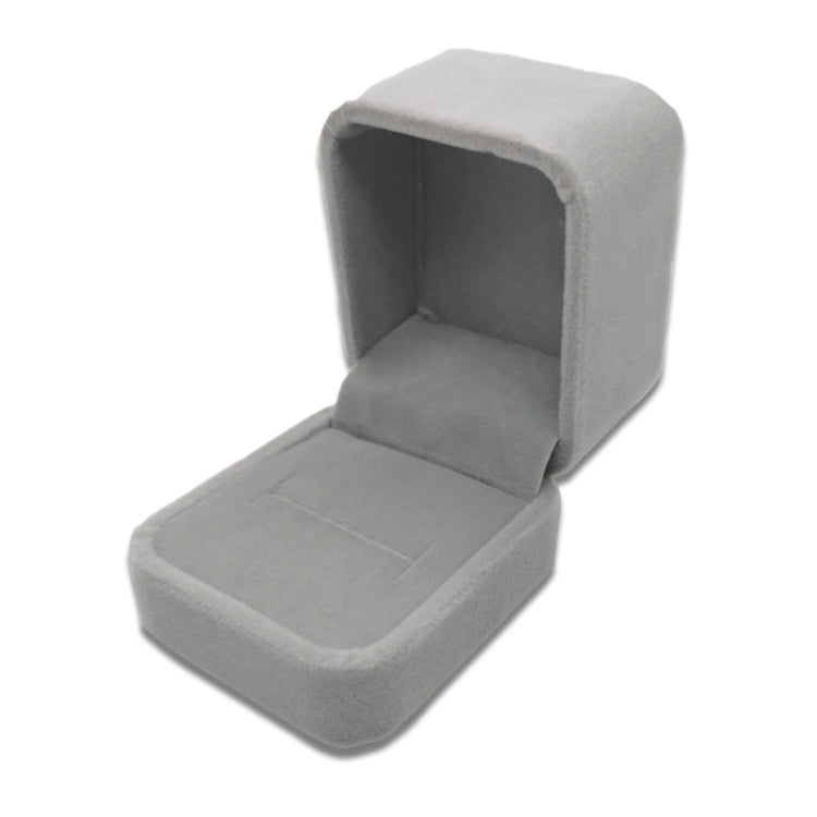 Flannel grey jewelry gift box, hinged lid open with padded cushion insert
