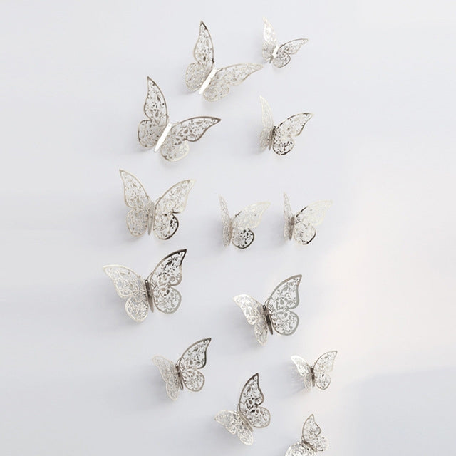 3D hollow butterfly wall stickers, silver openwork butterflies set
