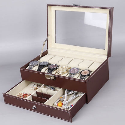 Brown PU double-layer watch storage box with clear window and cushioned slots