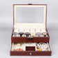 Brown PU watch display box with lid window and two-tier organizer compartments