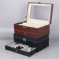 PU watch storage box with brown top, black base, open lid window and watch slots