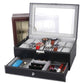 Black PU watch display box with open window lid and two-tier storage drawers