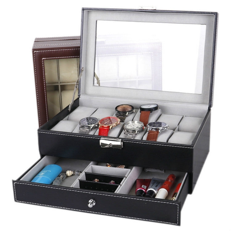 Black PU watch display box with open window lid and two-tier storage drawers