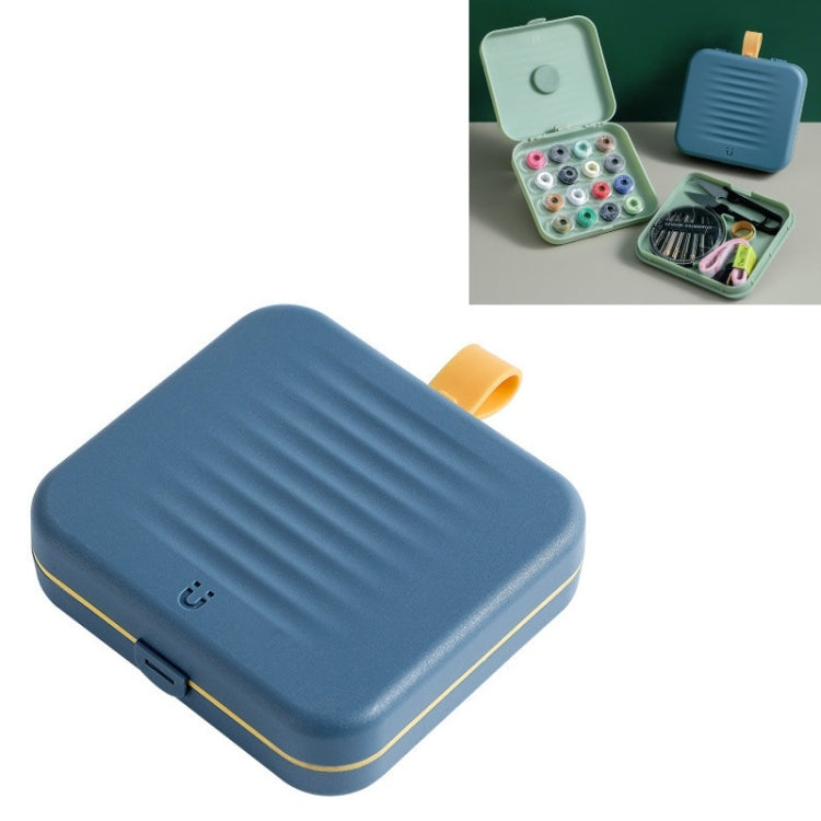 Magnetic sewing storage box, blue, hinged lid closed compact case