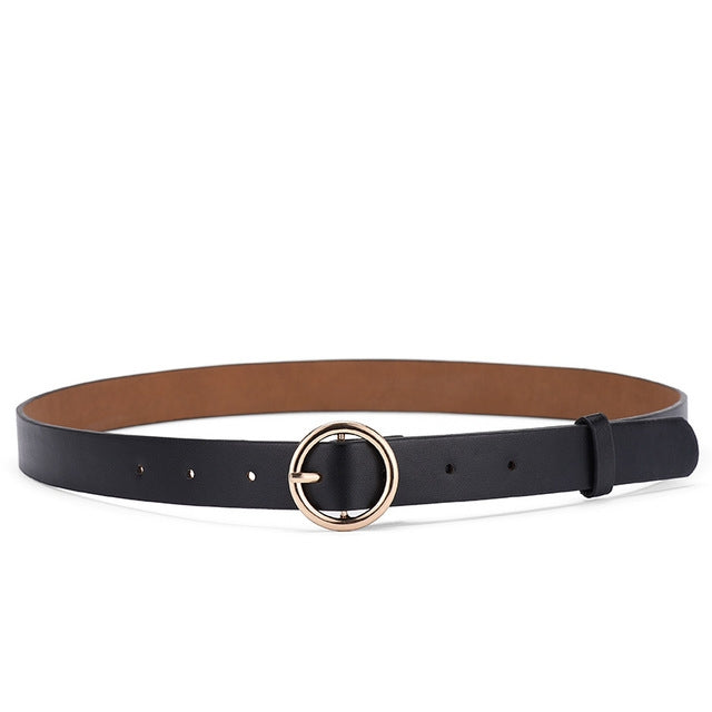 Black PU waist belt with round gold-tone buckle and adjustable size holes