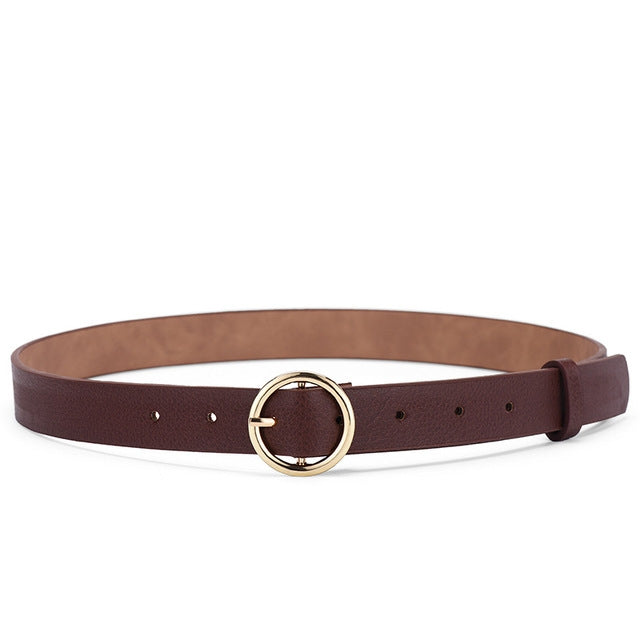 Brown PU waist belt with round gold-tone buckle and multiple size holes