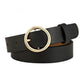 Black PU waist belt with round gold-tone buckle and adjustable hole tab