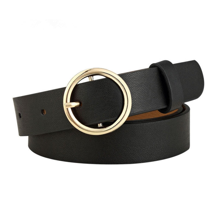 Black PU waist belt with round gold-tone buckle and adjustable hole tab