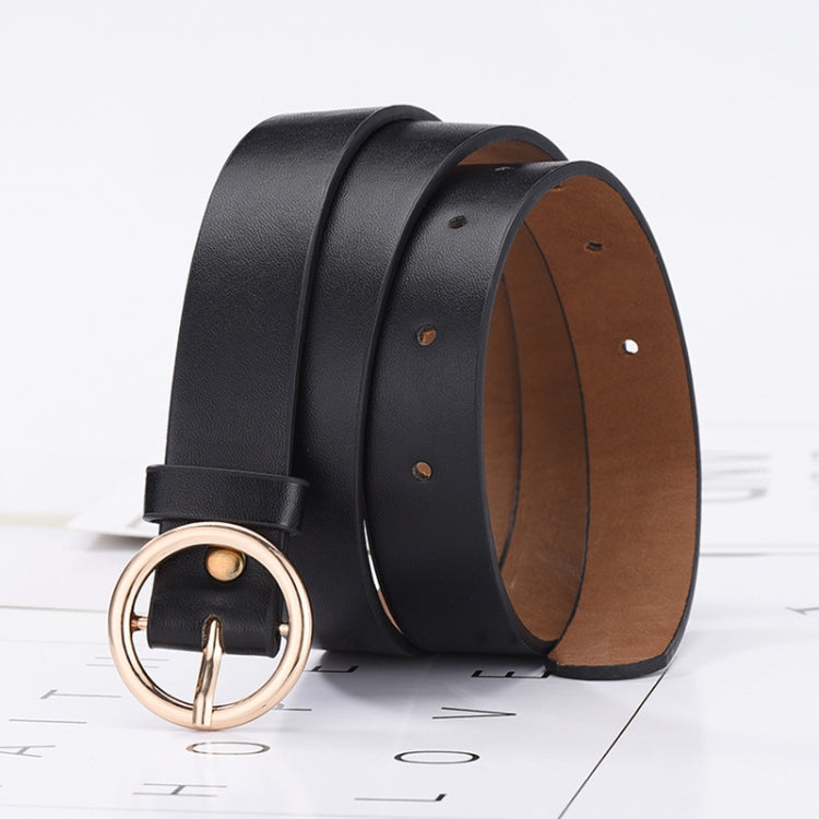 Black PU waist belt with round gold-tone buckle and tan interior lining
