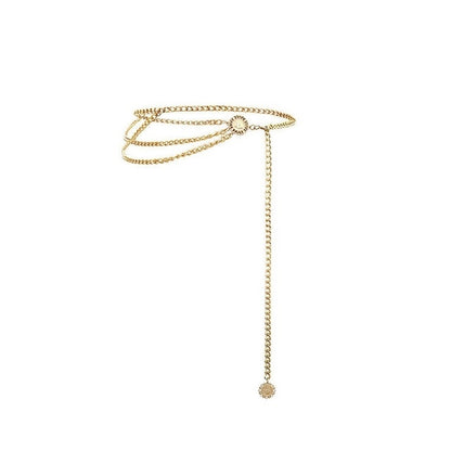Gold high-waist chain belt with round center clasp and long fringe drop