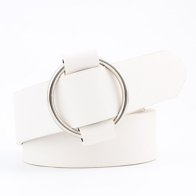 Wide PU leather belt with needleless round buckle, white strap and silver ring