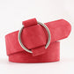 Wide PU leather belt with needleless round buckle, red strap and silver metal ring