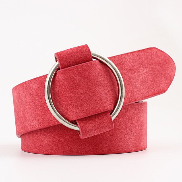 Wide PU leather belt with needleless round buckle, red strap and silver metal ring