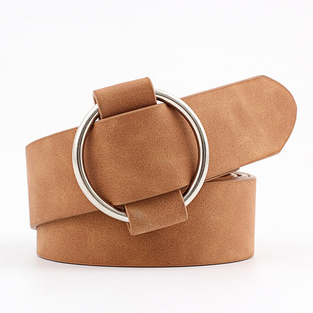 Wide PU leather belt with needleless round buckle, tan/brown strap and silver ring
