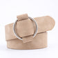 Wide PU leather belt with needleless round buckle, light tan strap and silver ring