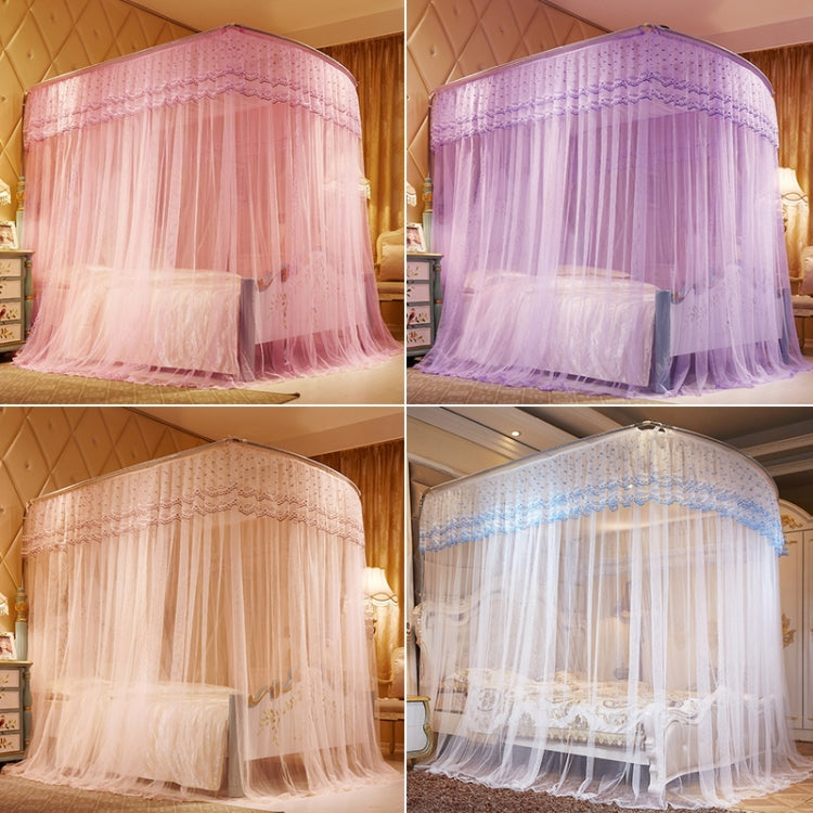 U-shaped three-door floor mosquito net shown in pink, purple, beige, and white