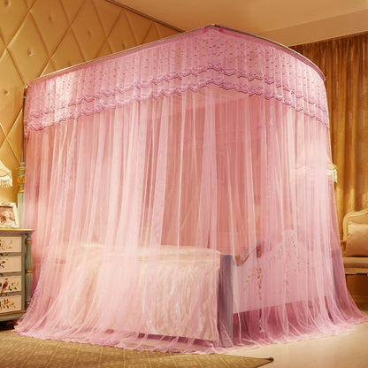 U-shaped three-door floor mosquito net with pink lace canopy and sheer drape curtains