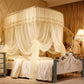 U-shaped three-door floor mosquito net with cream lace canopy and sheer drapes