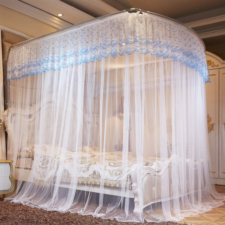 U-shaped three-door mosquito net with stainless steel frame, light blue tulle canopy