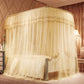U-shaped three-door stainless tube mosquito net with lace canopy, cream sheer curtains