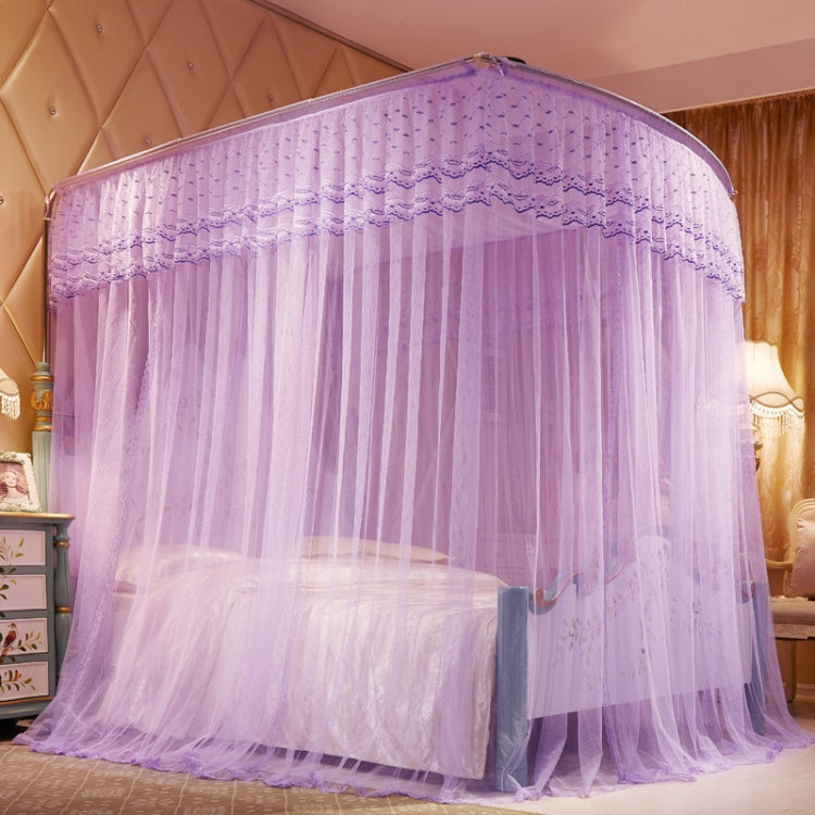 U-shaped three-door stainless tube mosquito net with lace canopy, lavender sheer curtains