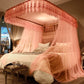 Retractable three-door mosquito net canopy with lace-trimmed top in pink