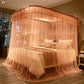 Retractable three-door mosquito net canopy with lace-trimmed top in orange-beige