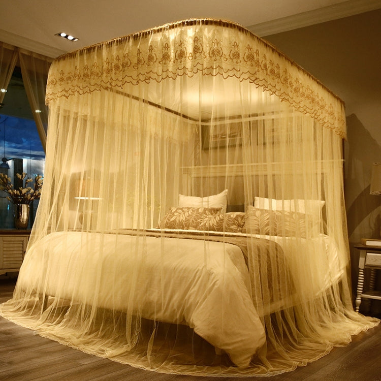 Beige retractable three-door mosquito net canopy with scalloped lace border and sheer mesh