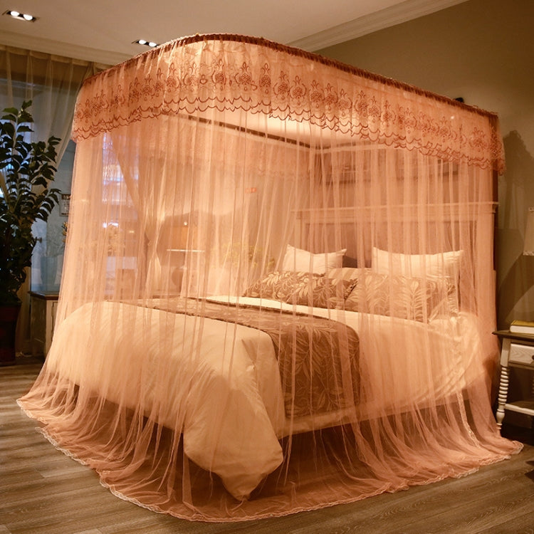 Light orange retractable three-door mosquito net canopy with scalloped lace border and mesh