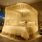 Beige retractable three-door mosquito net canopy with arched scalloped lace border and mesh