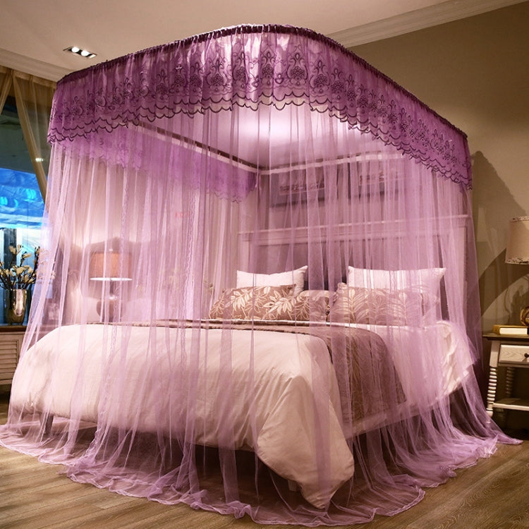 Purple retractable three-door mosquito net with ornate border, sheer curved canopy over bed
