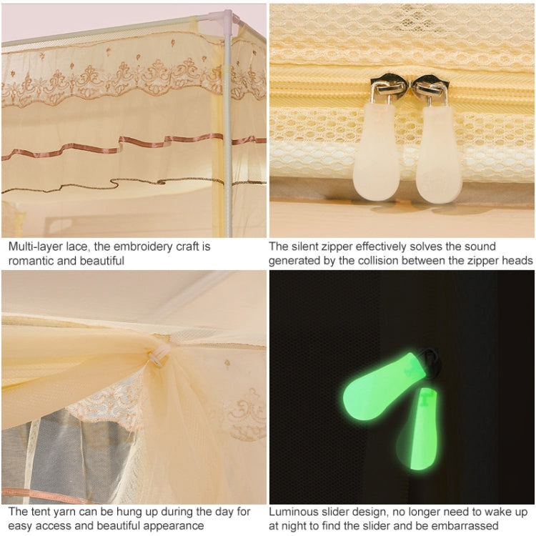 Mosquito net canopy with lace trim and side closures, shown in sections