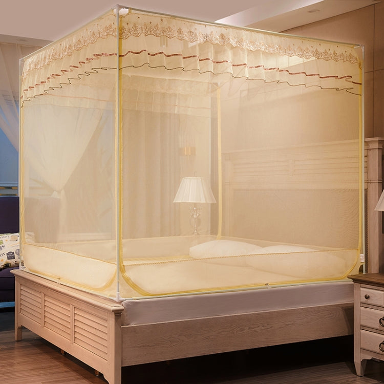 Cream hanging mosquito net canopy over bed, sheer mesh with scalloped top trim