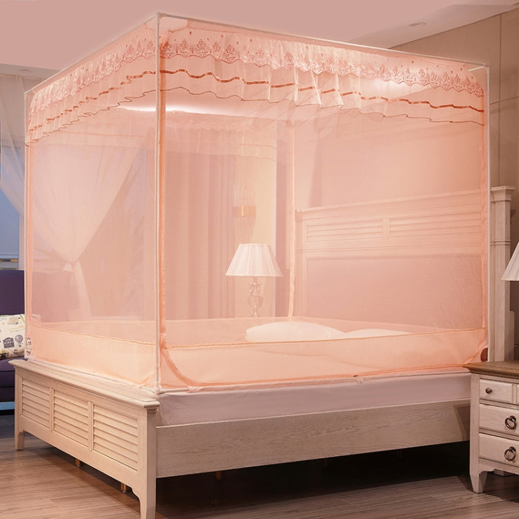 Light pink full-bed mosquito net enclosure with vertical mesh panels and scalloped valance