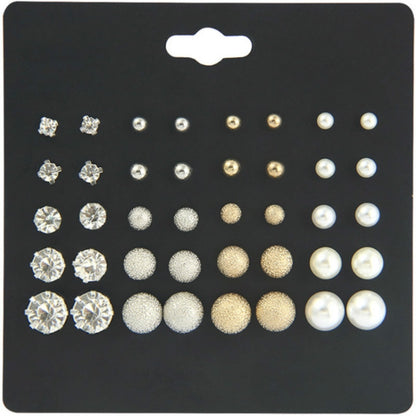 Zircon and pearl stud earring set with six pairs, mixed silver and gold tones