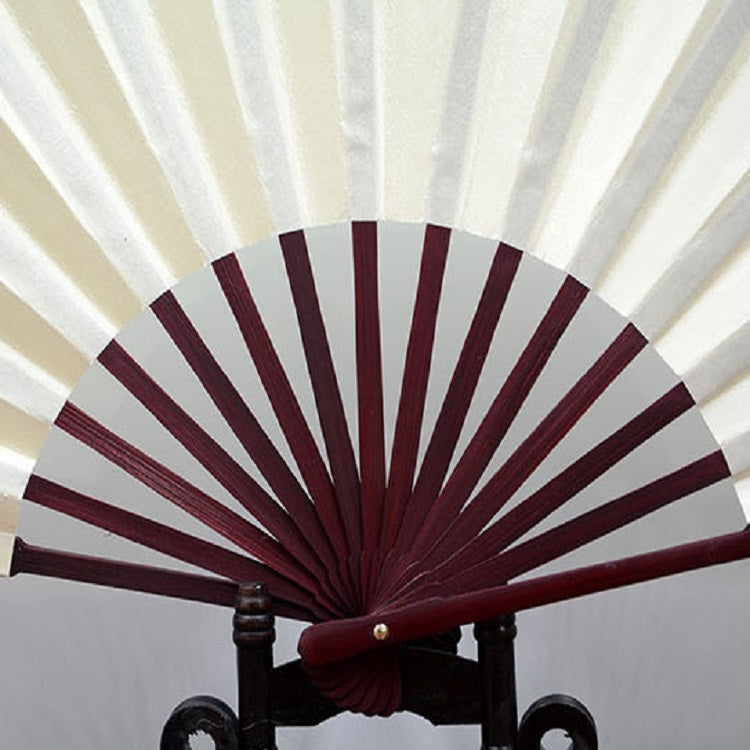 White blank silk folding fan with dark maroon radial stripes and dark red inner circle on a stand.