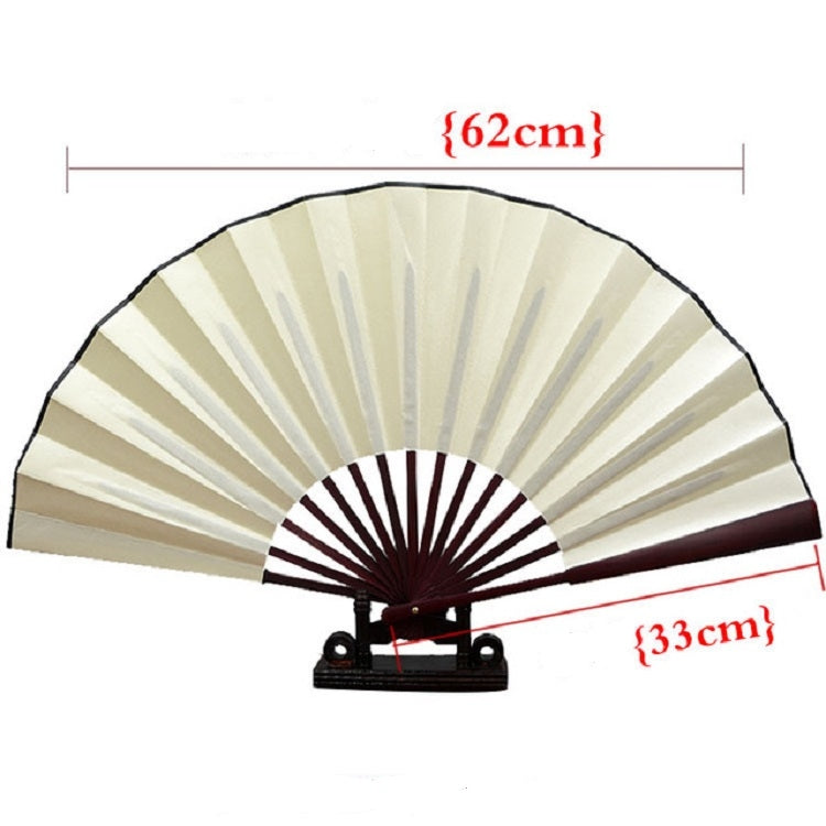 Cream blank silk folding fan with dark maroon inner circle and dark red outer border on a stand.