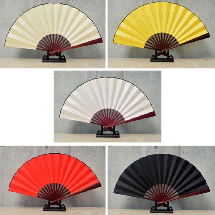 Blank silk folding fans shown in multiple colors, including beige, white, yellow, and black on stands.